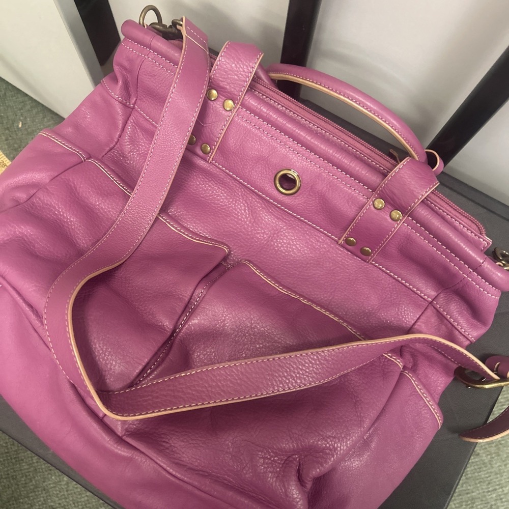 LEVENGER Purple Canvas Brown Leather Medium Pocket Tote Bag Purse - Picture 4 of 9